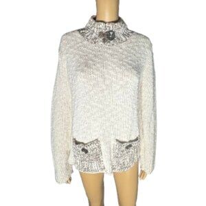 Willow Mock Neck Knit Cream & Brown Women's Sweater with Front Pockets Large